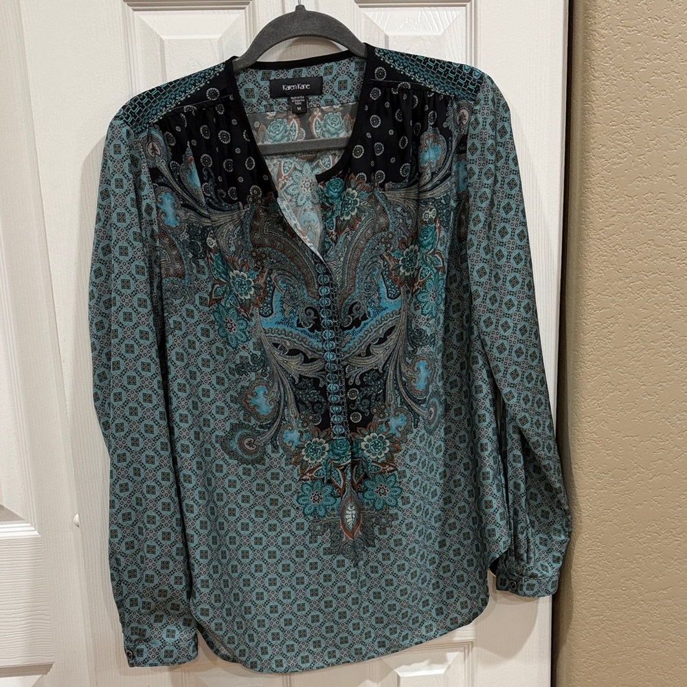 Karen Kane Teal and Black Patterned Women's Top size medium